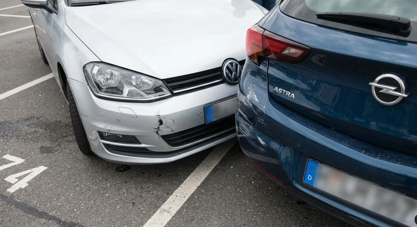 Parkschaden auf einem Parkplatz: Ein silberner VW Golf steht mit der Front an der Heckpartie eines blauen Opel Astra, am Stoßfänger sind Kratzer sichtbar