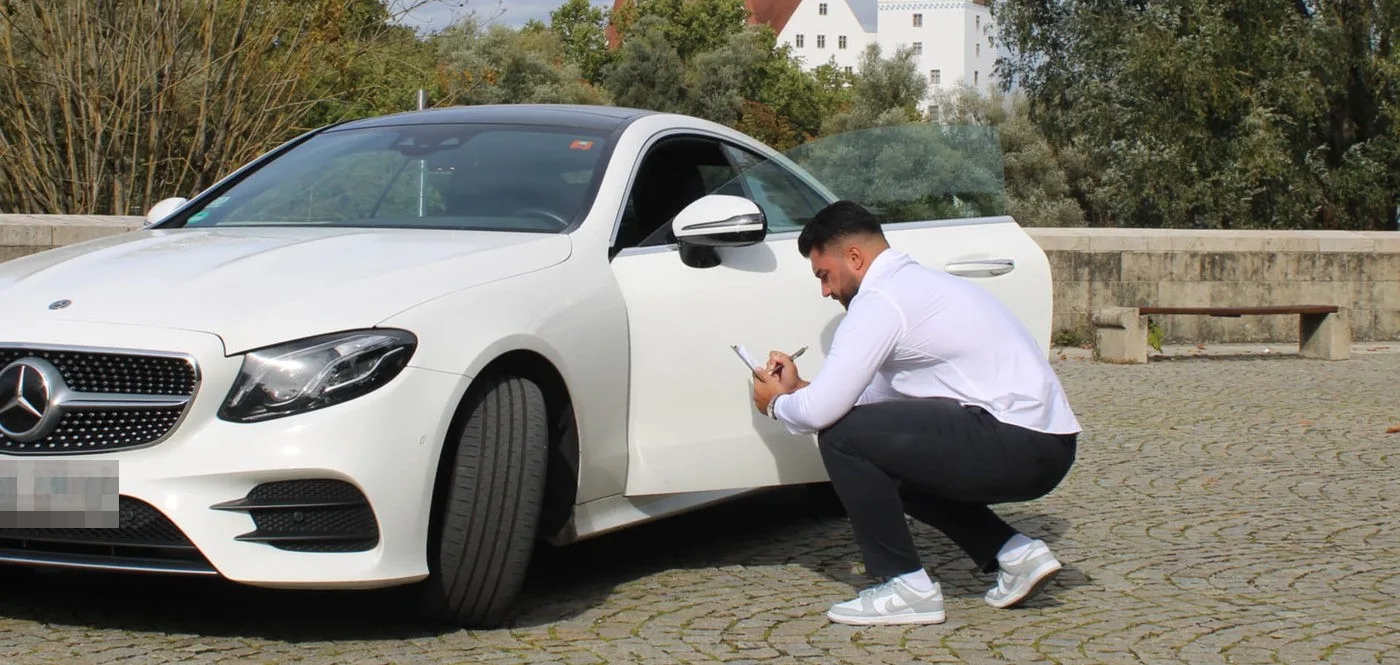 Diren Köysüren notiert einen Schaden am Kotflügel eines weißen Mercedes